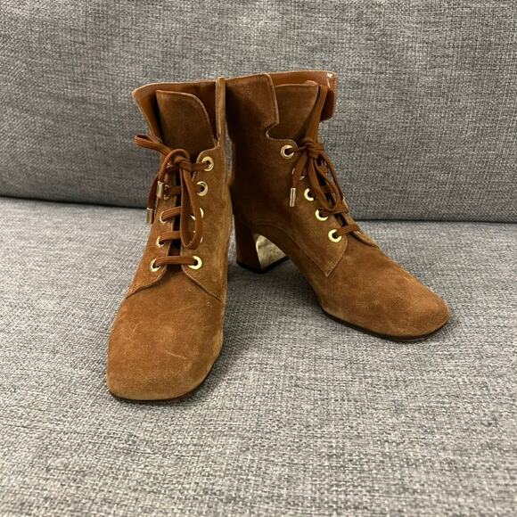 Marion Parke Stevie Suede Lace Up Boots Sz 9 Block Heel Tan Brown Ankle Booties - Picture 2 of 16